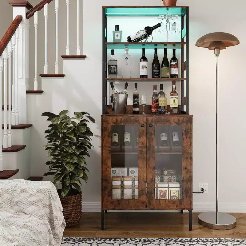Étagère de boulanger de 170 cm avec rangement, armoire de bar à café de ferme, support à micro-ondes avec étagères réglables pour cuisine salle à manger
