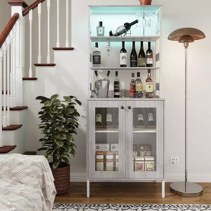 Étagère de boulanger de 170 cm avec rangement, armoire de bar à café de ferme, support à micro-ondes avec étagères réglables pour cuisine salle à manger