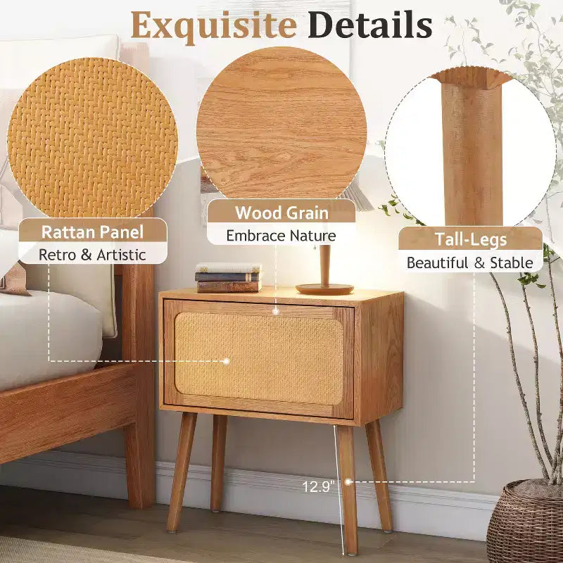 Table de chevet rotative cachée en rotin de style bohème pour chambre à coucher et salon