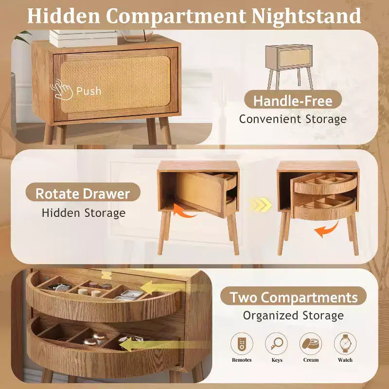 Table de chevet rotative cachée en rotin de style bohème pour chambre à coucher et salon