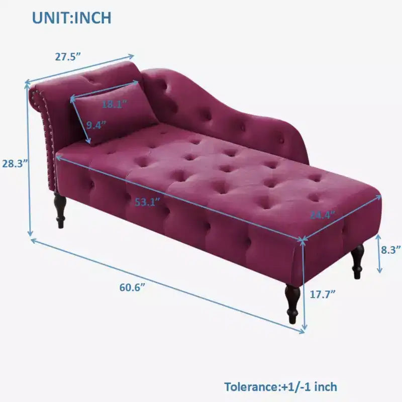 GDFStudio Aijia Moderne 61 Chaise longue en velours avec accoudoir gauche, capitonnage et 1 oreiller
