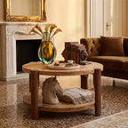 JVNOXK 2-Tier Round Solid Wood Coffee Table with Storage Shelf, Mid Century Modern Table for Small Spaces