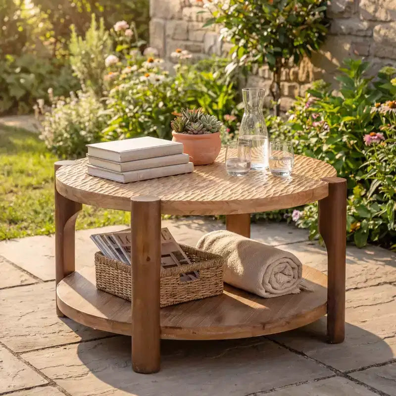 JVNOXK Table basse ronde à 2 niveaux en bois massif avec étagère de rangement, table moderne du milieu du siècle pour petits espaces