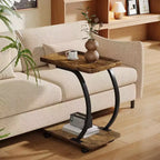 Lantine C-Shaped End Table, 2-Tier Small Side Table with Wheels, Wood Bedside Snack Couch Table for Living Room Small Spaces, Brown