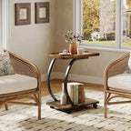 Table d'appoint en forme de C Lantine, petite table d'appoint à 2 niveaux avec roulettes, table de chevet/canapé en bois pour petits espaces de salon, marron