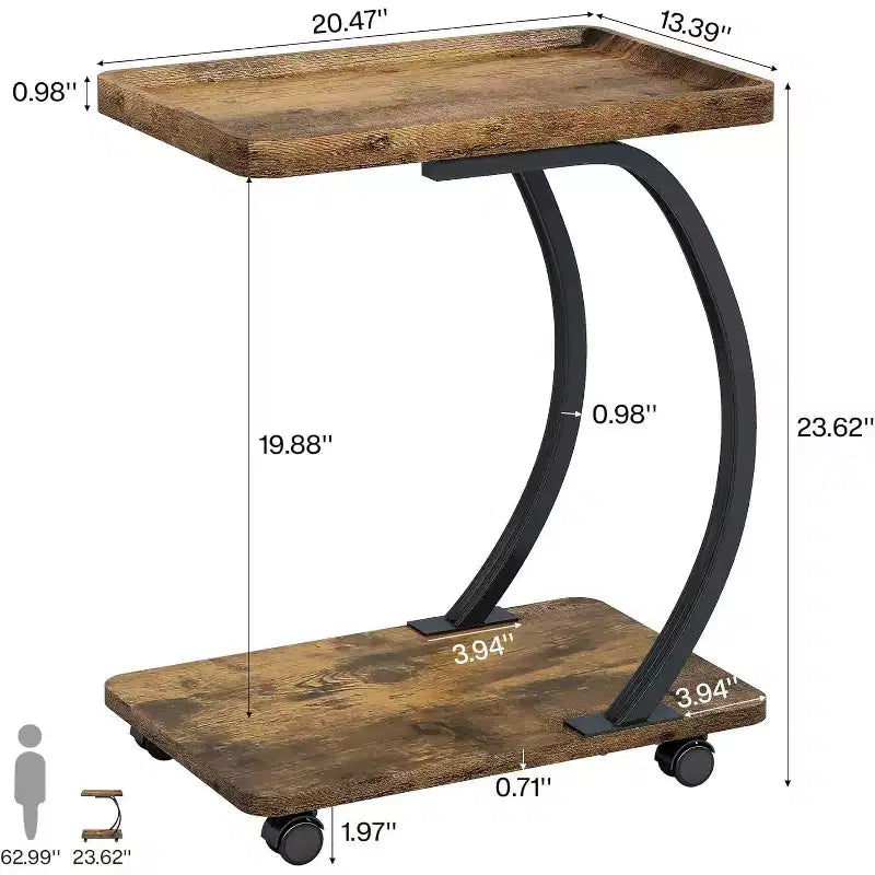 Table d'appoint en forme de C Lantine, petite table d'appoint à 2 niveaux avec roulettes, table de chevet/canapé en bois pour petits espaces de salon, marron