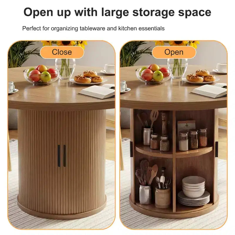 Table à manger ronde Dyonery 35,5 avec étagère de rangement, base en bois cannelée pour 2 à 4 personnes, noyer
