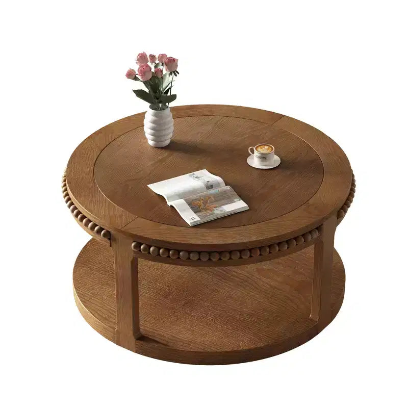 Table basse et table d'appoint rondes en bois massif de 31,5 pouces - Plateau épais à deux niveaux, pieds robustes, table ronde pour le salon