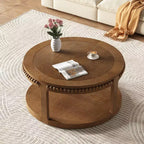 Table basse et table d'appoint rondes en bois massif de 31,5 pouces - Plateau épais à deux niveaux, pieds robustes, table ronde pour le salon