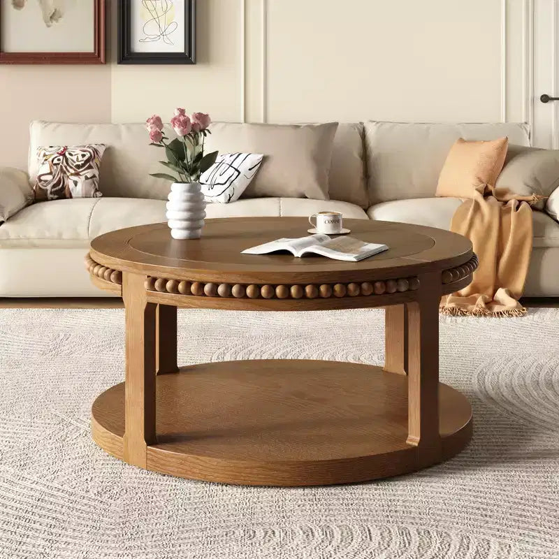 Table basse et table d'appoint rondes en bois massif de 31,5 pouces - Plateau épais à deux niveaux, pieds robustes, table ronde pour le salon