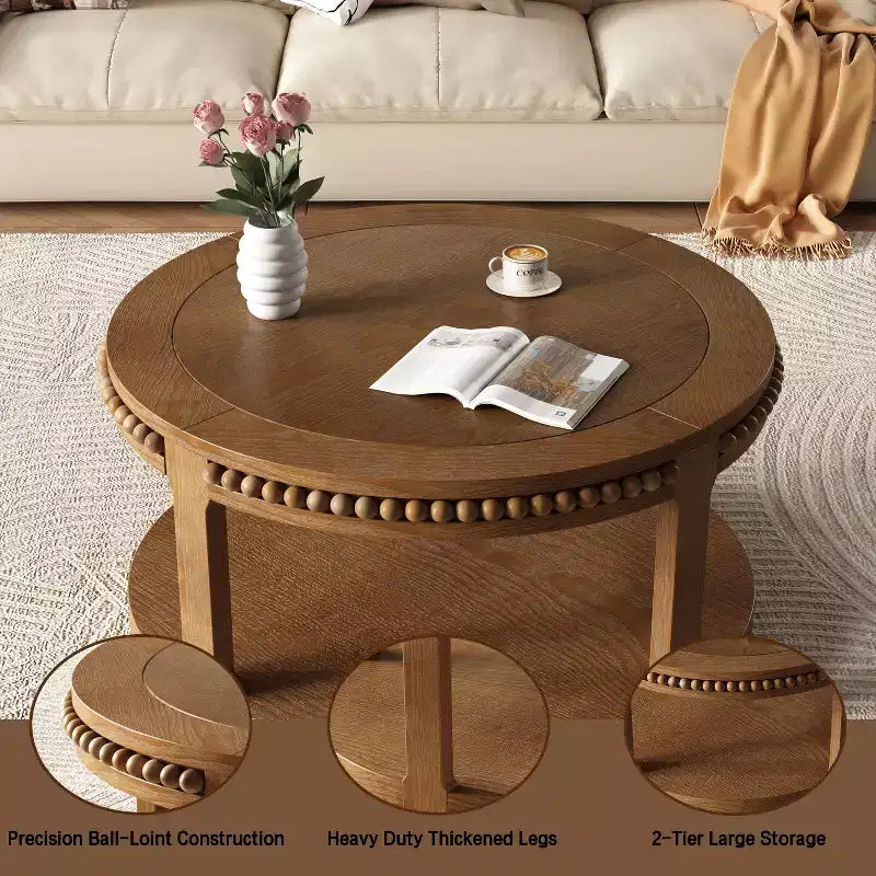 Table basse et table d'appoint rondes en bois massif de 31,5 pouces - Plateau épais à deux niveaux, pieds robustes, table ronde pour le salon