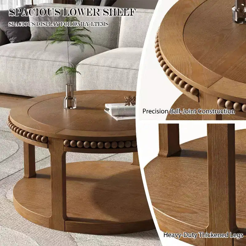 Table basse et table d'appoint rondes en bois massif de 31,5 pouces - Plateau épais à deux niveaux, pieds robustes, table ronde pour le salon