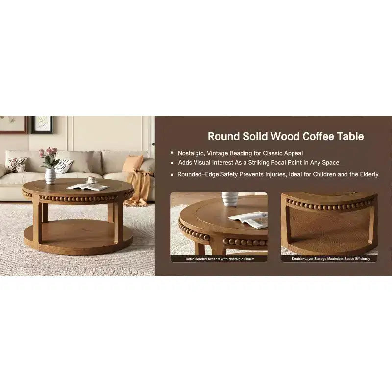 Table basse et table d'appoint rondes en bois massif de 31,5 pouces - Plateau épais à deux niveaux, pieds robustes, table ronde pour le salon