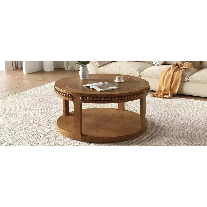 Table basse et table d'appoint rondes en bois massif de 31,5 pouces - Plateau épais à deux niveaux, pieds robustes, table ronde pour le salon