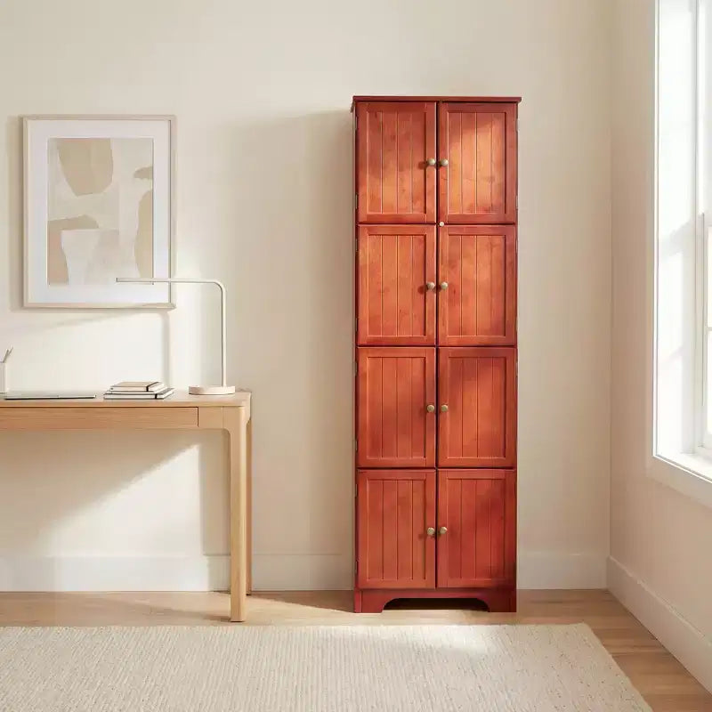 JVNOXK 72.4 Cherry Freestanding Tall Storage Cabinet with 8 Doors & 4 Shelves