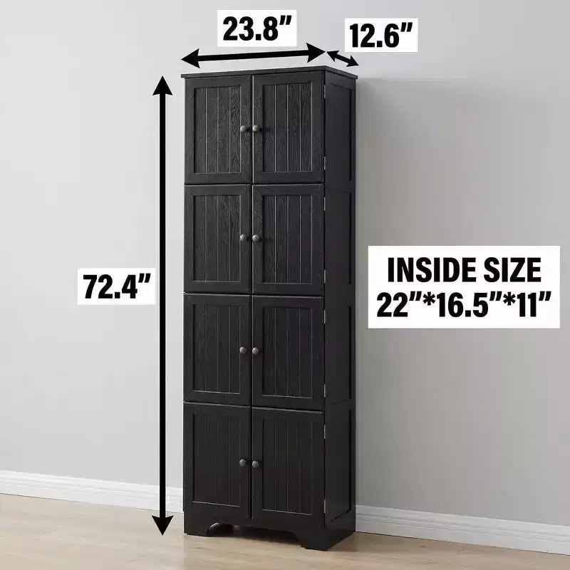 JVNOXK Armoire de rangement haute autoportante noire de 72,4 po avec 8 portes et 4 étagères