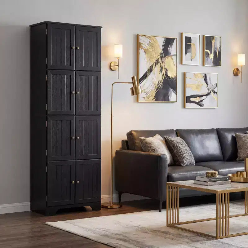 JVNOXK Armoire de rangement haute autoportante noire de 72,4 po avec 8 portes et 4 étagères