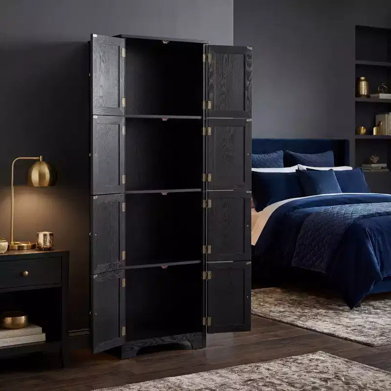 JVNOXK Armoire de rangement haute autoportante noire de 72,4 po avec 8 portes et 4 étagères