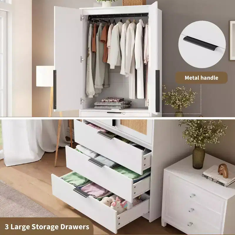 Armoire-penderie haute en bois de 176,5 cm avec 2 portes en rotin, 3 tiroirs et une tringle. Grande armoire de rangement autoportante pour vêtements de chambre.