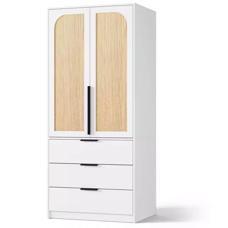 Armoire-penderie haute en bois de 176,5 cm avec 2 portes en rotin, 3 tiroirs et une tringle. Grande armoire de rangement autoportante pour vêtements de chambre.