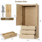 Armoire-penderie haute en bois de 176,5 cm avec 2 portes en rotin, 3 tiroirs et une tringle. Grande armoire de rangement autoportante pour vêtements de chambre.