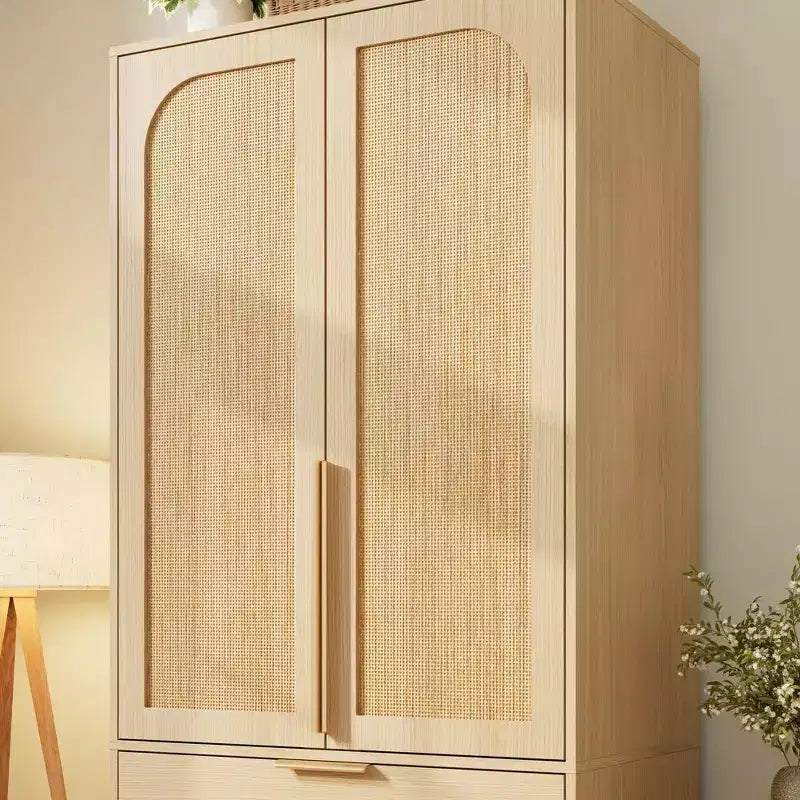 Armoire-penderie haute en bois de 176,5 cm avec 2 portes en rotin, 3 tiroirs et une tringle. Grande armoire de rangement autoportante pour vêtements de chambre.