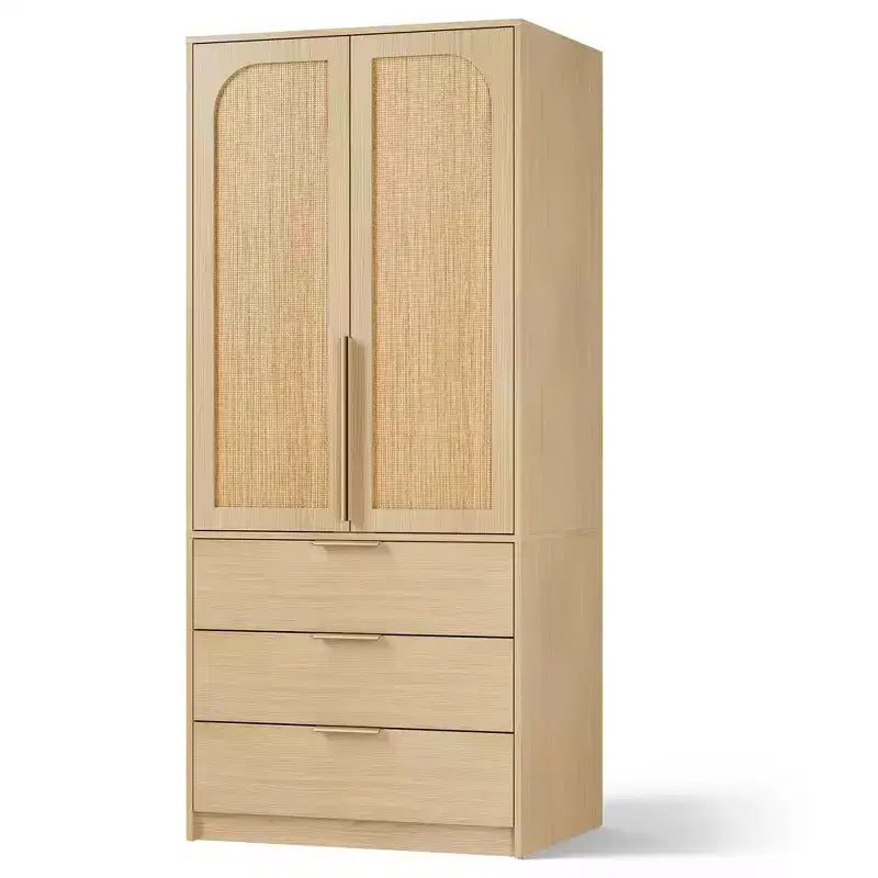 Armoire-penderie haute en bois de 176,5 cm avec 2 portes en rotin, 3 tiroirs et une tringle. Grande armoire de rangement autoportante pour vêtements de chambre.