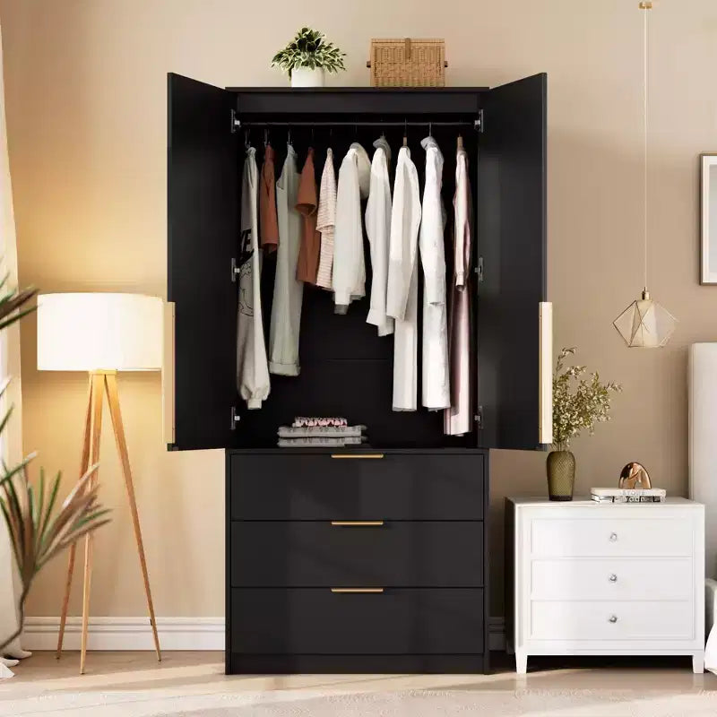 Armoire-penderie haute en bois de 176,5 cm avec 2 portes en rotin, 3 tiroirs et une tringle. Grande armoire de rangement autoportante pour vêtements de chambre.