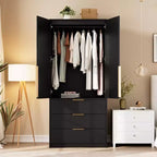 Armoire-penderie haute en bois de 176,5 cm avec 2 portes en rotin, 3 tiroirs et une tringle. Grande armoire de rangement autoportante pour vêtements de chambre.