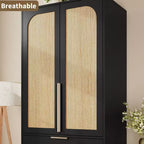 Armoire-penderie haute en bois de 176,5 cm avec 2 portes en rotin, 3 tiroirs et une tringle. Grande armoire de rangement autoportante pour vêtements de chambre.