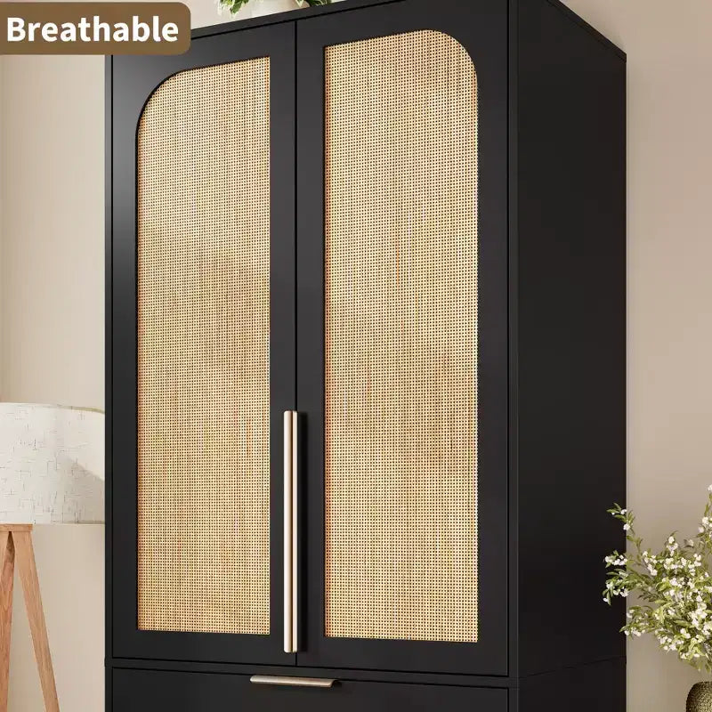 Armoire-penderie haute en bois de 176,5 cm avec 2 portes en rotin, 3 tiroirs et une tringle. Grande armoire de rangement autoportante pour vêtements de chambre.
