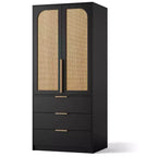 Armoire-penderie haute en bois de 176,5 cm avec 2 portes en rotin, 3 tiroirs et une tringle. Grande armoire de rangement autoportante pour vêtements de chambre.