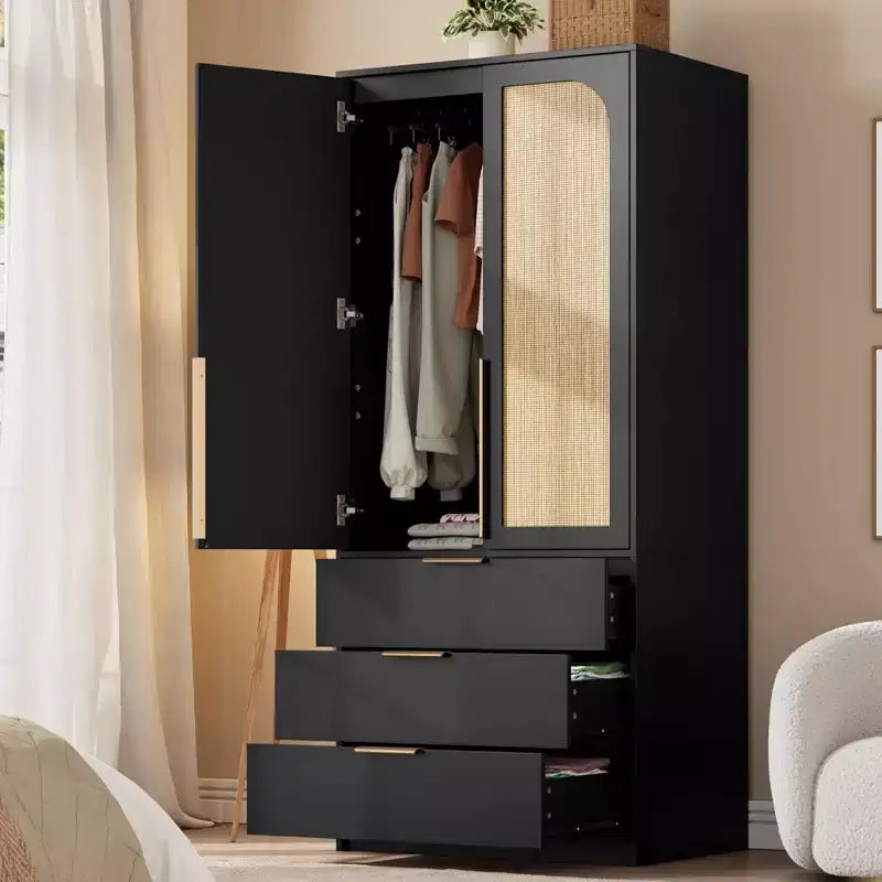 69.5 Tall Wooden Wardrobe Closet Armoire with 2 Rattan Doors, 3 Drawers & Hanging Rod. Large Freestanding Clothing Storage Cabinet for Bedroom
