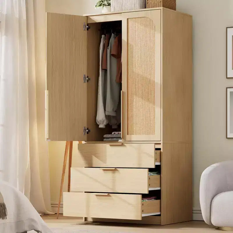 Armoire-penderie haute en bois de 176,5 cm avec 2 portes en rotin, 3 tiroirs et une tringle. Grande armoire de rangement autoportante pour vêtements de chambre.
