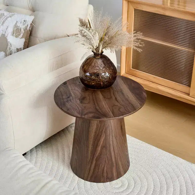 Table basse circulaire en MDF avec motif noyer, de la marque "Fun little toys", diamètre 49,8 cm, hauteur 47,8 cm, en bois de noyer.