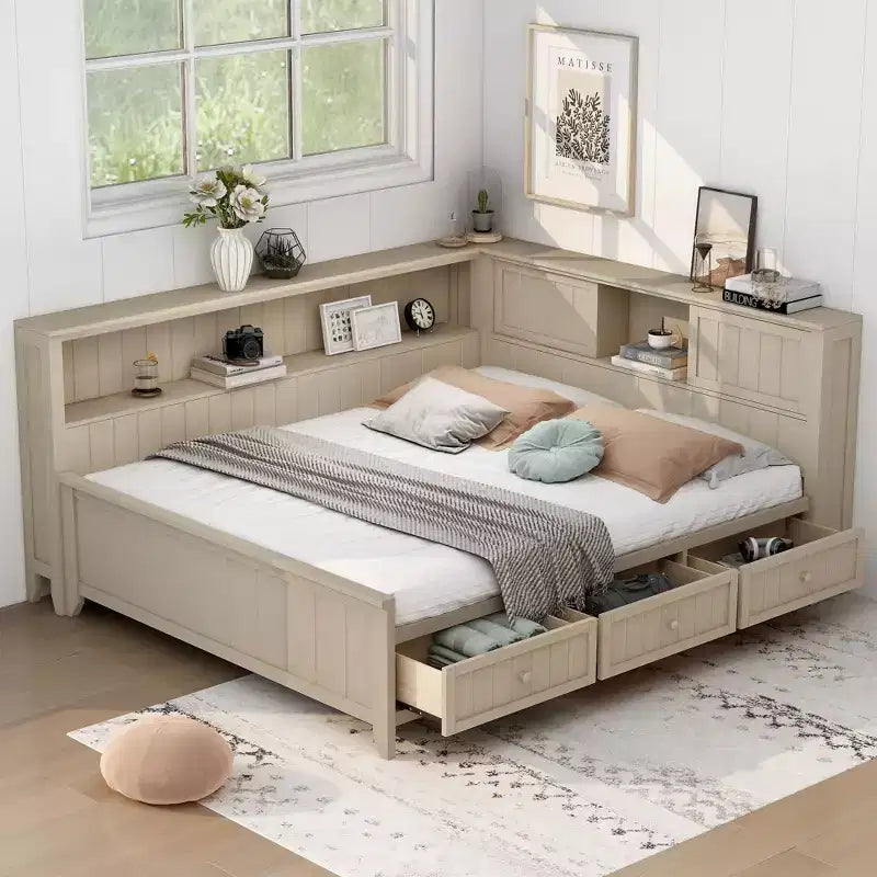 FAMYYT Full Size Wood Daybed with Storage Shelves and 3 Drawers, Easy Assembly