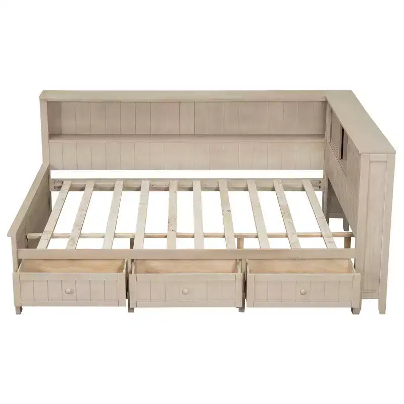 Lit de repos double en bois FAMYYT avec étagères de rangement et 3 tiroirs, montage facile