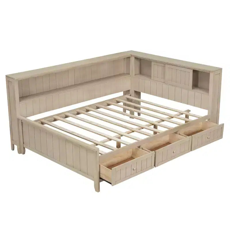 Lit de repos double en bois FAMYYT avec étagères de rangement et 3 tiroirs, montage facile