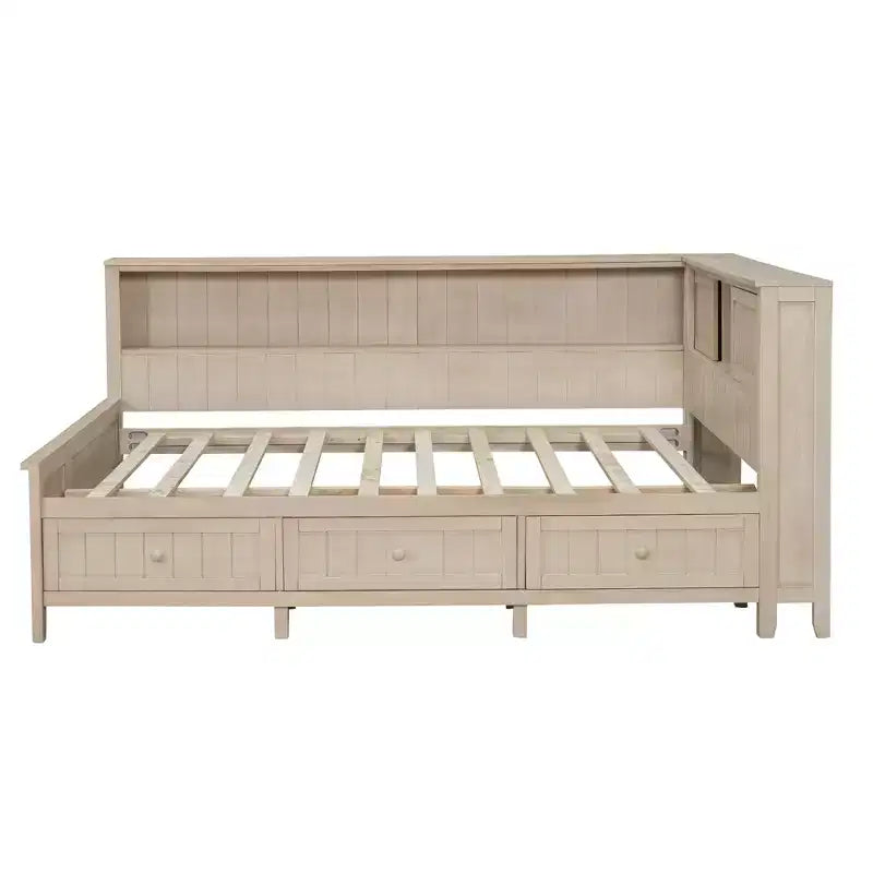 Lit de repos double en bois FAMYYT avec étagères de rangement et 3 tiroirs, montage facile