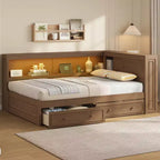 Lit de repos pleine grandeur en bois FAMYYT avec étagères de rangement, USB, LED et 2 tiroirs, couleur bois antique