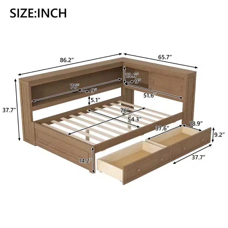 Lit de repos pleine grandeur en bois FAMYYT avec étagères de rangement, USB, LED et 2 tiroirs, couleur bois antique