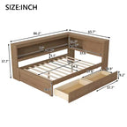 Lit de repos pleine grandeur en bois FAMYYT avec étagères de rangement, USB, LED et 2 tiroirs, couleur bois antique
