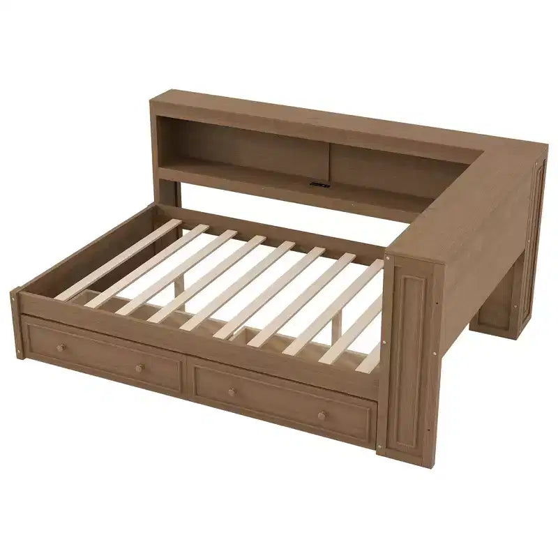 Lit de repos pleine grandeur en bois FAMYYT avec étagères de rangement, USB, LED et 2 tiroirs, couleur bois antique