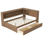 Lit de repos pleine grandeur en bois FAMYYT avec étagères de rangement, USB, LED et 2 tiroirs, couleur bois antique