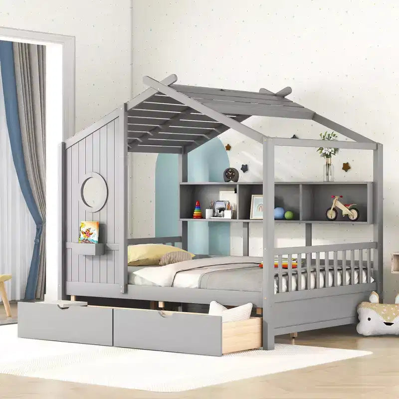 Wooden Full House Bed with 2 Drawers and Storage Shelf for Kids, Gray