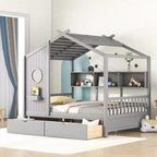 Wooden Full House Bed with 2 Drawers and Storage Shelf for Kids, Gray