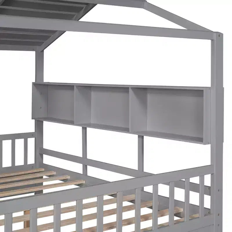 Lit cabane en bois avec 2 tiroirs et étagère de rangement pour enfants, gris