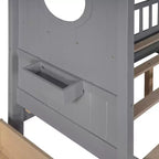 Lit cabane en bois avec 2 tiroirs et étagère de rangement pour enfants, gris