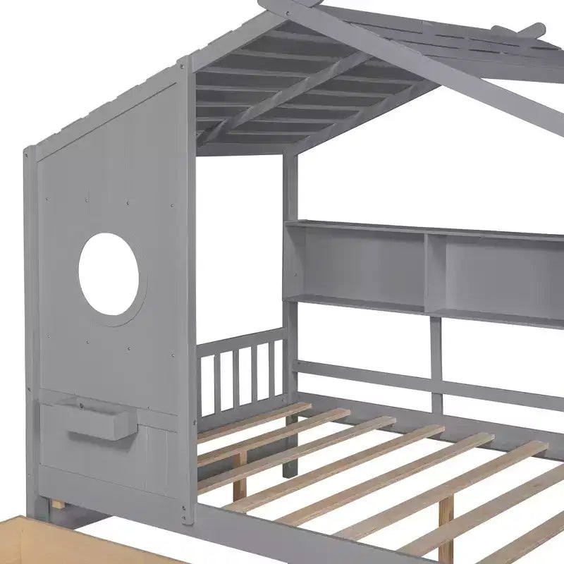 Lit cabane en bois avec 2 tiroirs et étagère de rangement pour enfants, gris