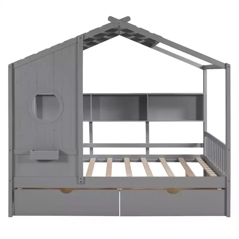 Lit cabane en bois avec 2 tiroirs et étagère de rangement pour enfants, gris